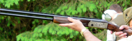 Eine Person hält eine doppelläufige Schusswaffe mit Holzgriff inmitten einer grünen, bewaldeten Umgebung. Die Waffe ist zum Abfeuern bereit.