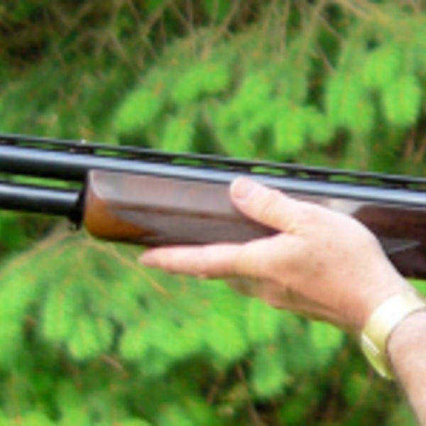 Eine Person hält eine doppelläufige Schusswaffe mit Holzgriff inmitten einer grünen, bewaldeten Umgebung. Die Waffe ist zum Abfeuern bereit.